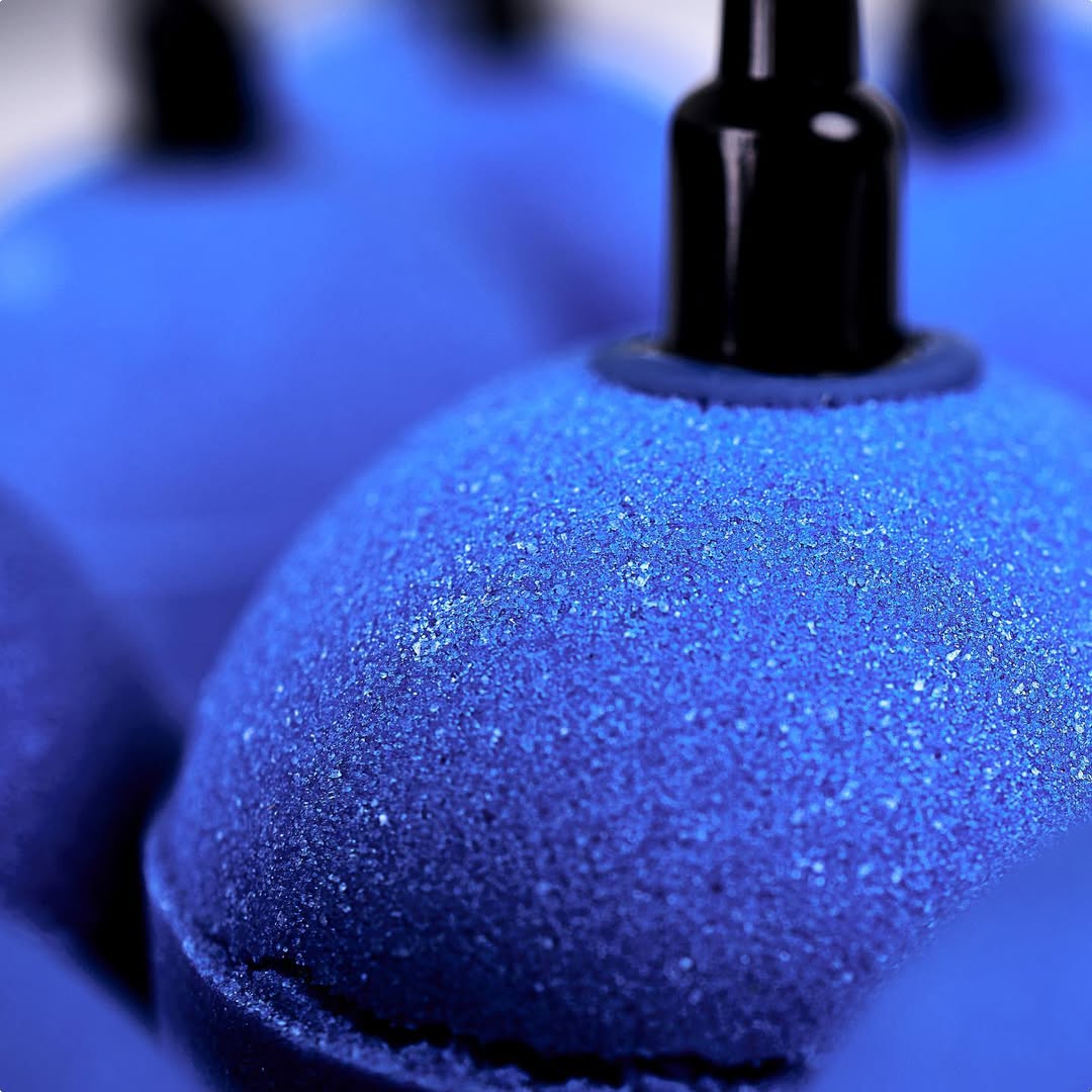 A close-up shot of a round, porous blue diffuser showing the fine texture required to create tiny oxygen bubbles, a key feature to look for in the best air stones for hydroponics